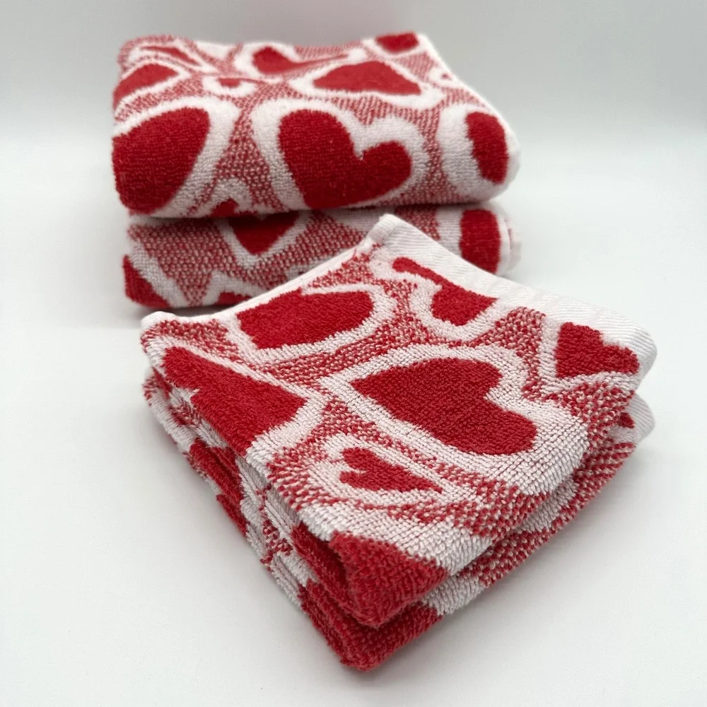 Red & White Hearts 2 Hand Towels 2 Washcloths 100% Cotton Casaba Made In Turkey